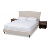 Baxton Studio CF9058-Beige-Full Maren Mid-Century Modern Beige Fabric Upholstered Full Size Platform Bed with Two Nightstands
